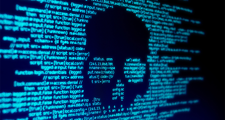 Computer code on a screen with a skull representing a computer virus or attack.
