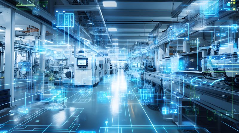 Futuristic image of a laboratory filled with different technologies to support ai in manufacturing article