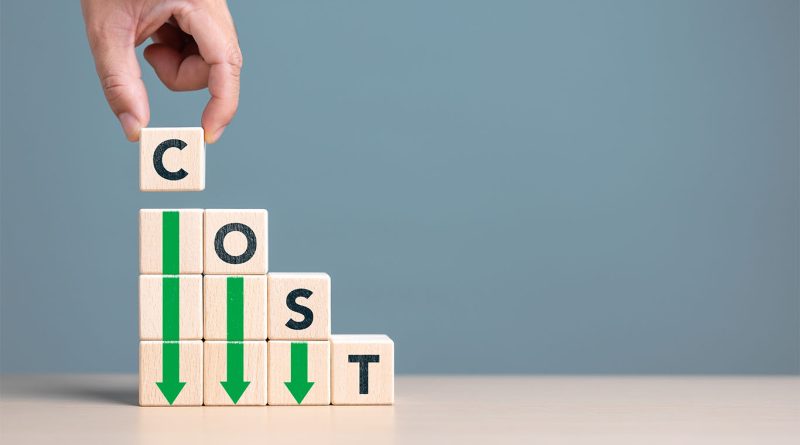 Image of some blocks decreasing in size with 'cost' written above them to support manufacturing budgeting listicle
