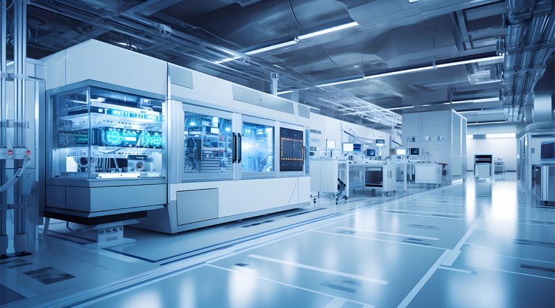Digital and futuristic image of a very clean and modern looking warehouse, with different digital machineries to support modern manufacturing article