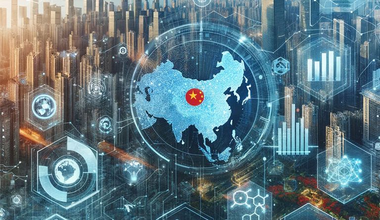 Digital image of a map of China with a pin in the middle overlaying a city to support China GDP article