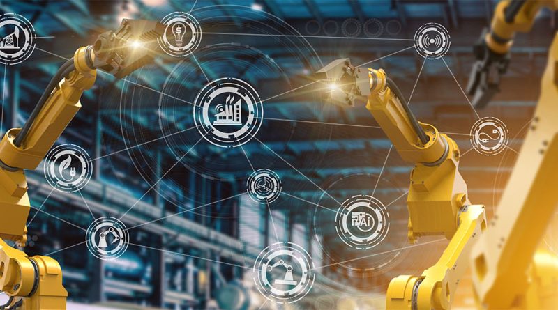 Digital image of various different cranes and manufacturing machinery in a futuristic factory to support smart manufacturing article