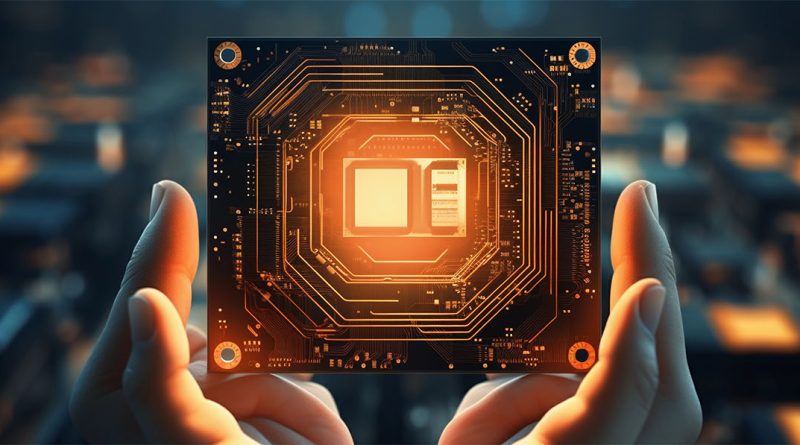 Futuristic image of someone holding a microchip to support logic chip manufacturing article