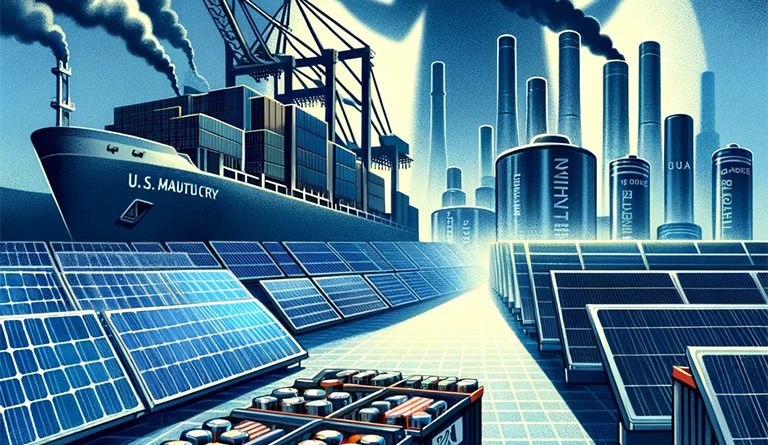 Illustration of U.S. solar panels overshadowed by imported panels and lithium batteries, symbolizing the industry's challenges and fight for resilience.