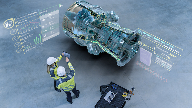 ustry 4.0 Factory: Two Engineers Uses Digital Tablet Computer with Augmented Reality Software Visualize 3D Model of a Jet Turbine Engine. Aircraft Maintenance and Diagnostics. High Angle Shot