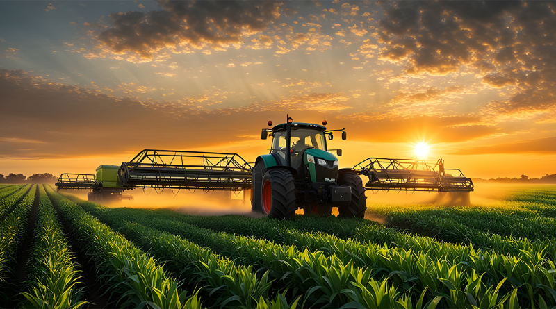 image of a tractor in a field with some machinery attached to support John Deere 5G article