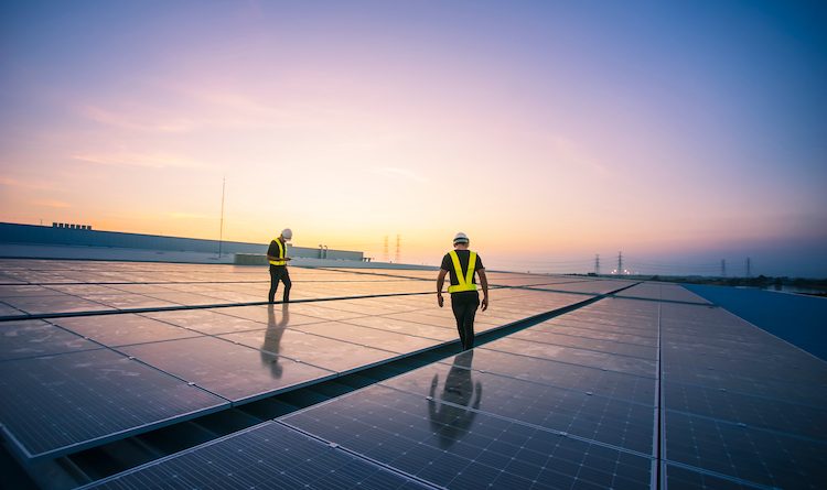 Men in high visibility jackets inspecting solar panels