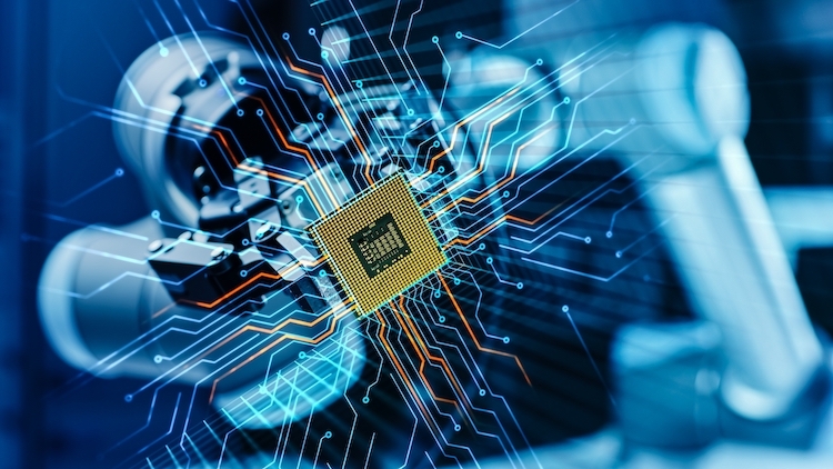 Futuristic Technology Concept: Modern Authentic Robot Arm Holding Contemporary Super Computer Processor Moving into Focus.CPU Microchip Digitilizes and Sends Data Power Lines with Computer Vision