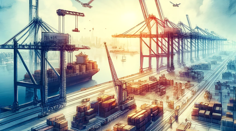 A modern U.S. port bustling with activity, featuring cranes lifting containers and workers upgrading facilities, under a clear sky.