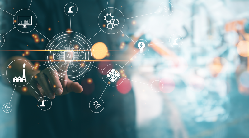 Digital image of a business professional touching a digital screen to support AI in manufacturing article