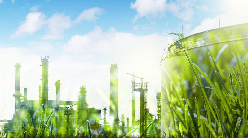 Digital image of various different manufacturing machineries surrounded by grass to support sustainable manufacturing article