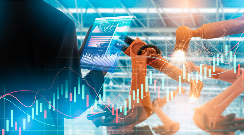 Digital image of a manufacturing warehouse surrounded by different data sources and graphs to support PMI article