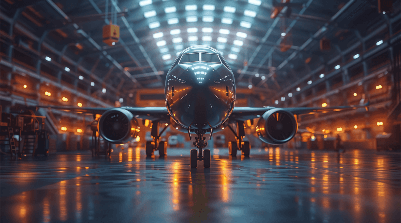Digital image of the skeleton of an aeroplane in a warehouse surrounded by technology to support aerospace manufacturing article
