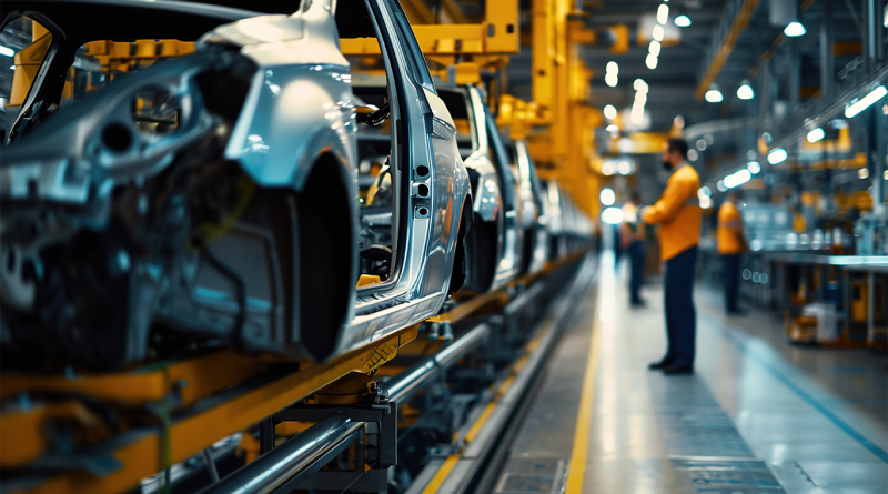 Auto industry warehouse with shells of cars in a production line to support article