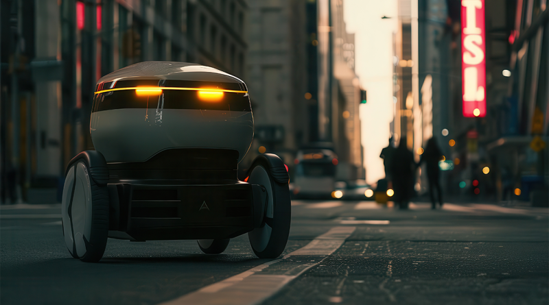 Digital image of delivery robots in a busy street