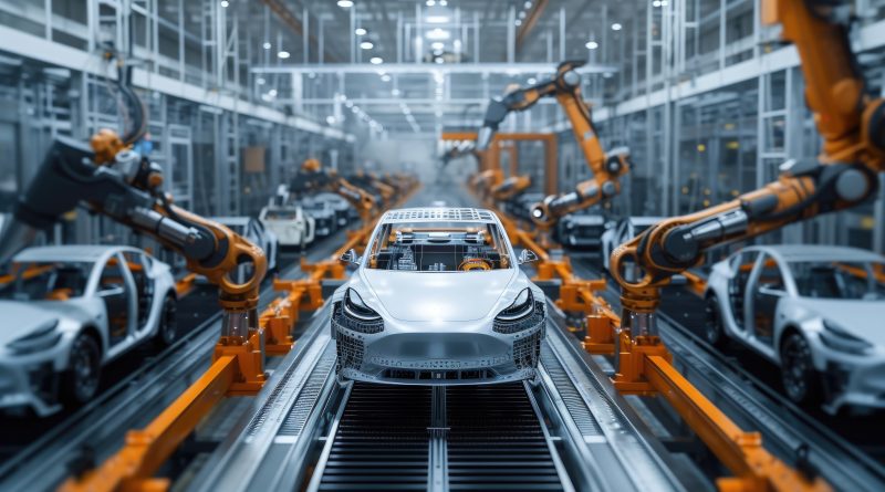 Futuristic automotive manufacturing plant with robotic arms assembling electric vehicles, highlighting Stellantis' North America EV strategy.