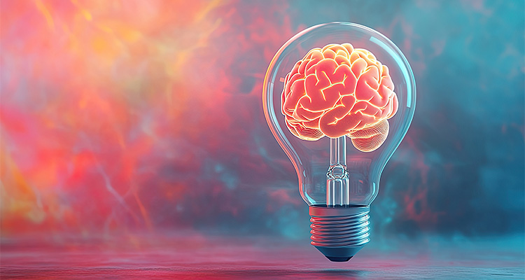 Creative light bulb with a brain inside, on a colorful background. Symbolizes innovation, ideal for marketing concepts.