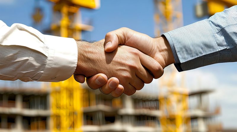 Two business men's hands shaking to support modular production article