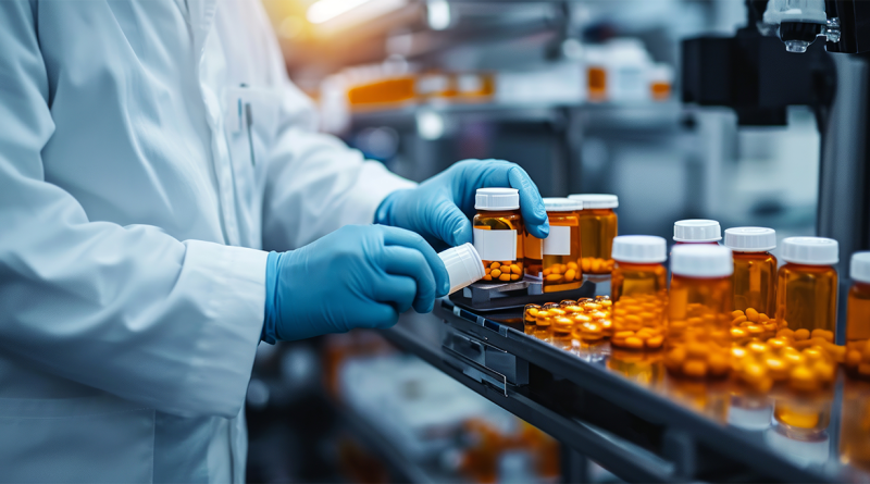 Pharmaceuticals lab with medicines on production line to support Big Pharma article