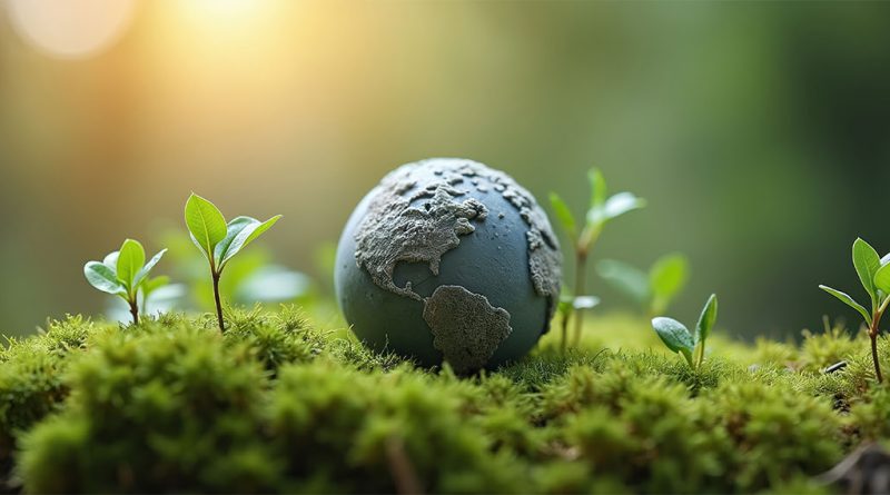 Model of earth sat on moss in meadow to support women in innovation and carbon emissions article