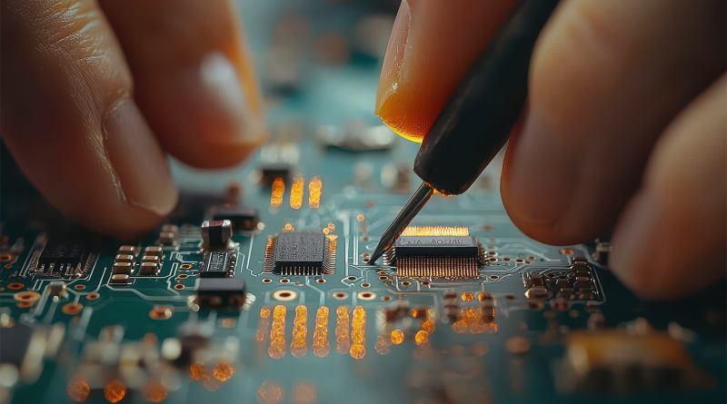 Person working on intricate circuit board to support PCB manufacturing article