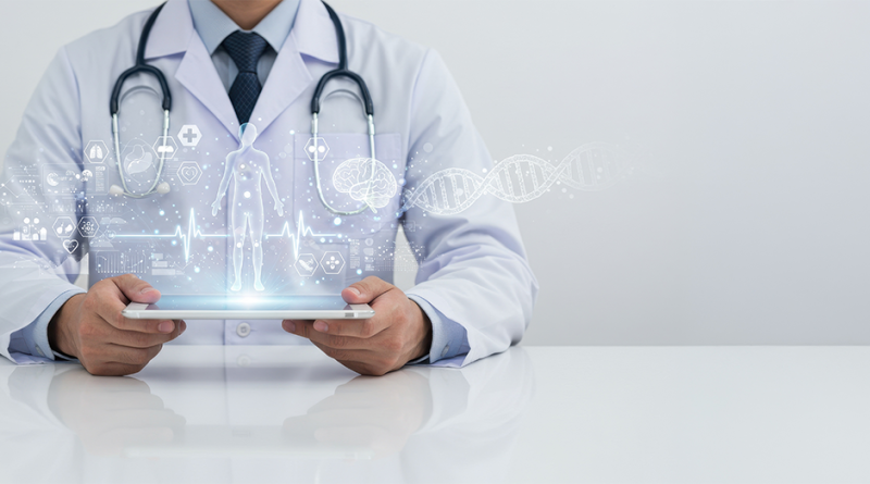 Doctor at table representing AI in cancer treatment