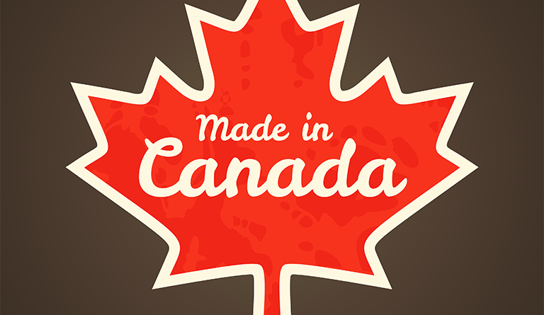 Made in Canada sign on maple leaf to support trade tensions article