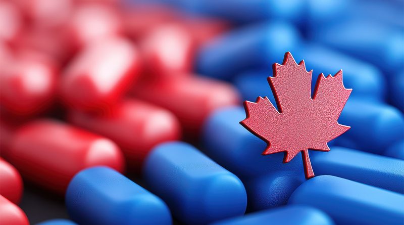 red and blue pills with Canadian maple leaf on top to support Delpharm article