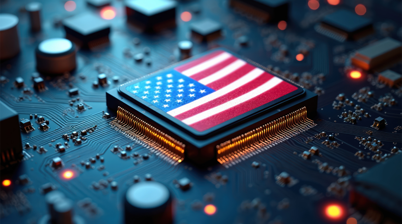 Microchip in motherboard with US flag on it to support North American AI chipmaking article