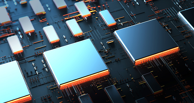 Printed circuit board futuristic server/Circuit board futuristic server code processing. Orange, green, blue technology background
