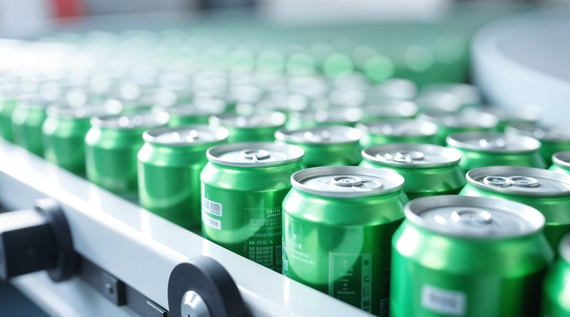 Production line with green beer cans in the factory