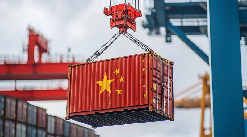 Chinese flag on shipping container at port to support Chinese manufacturers article