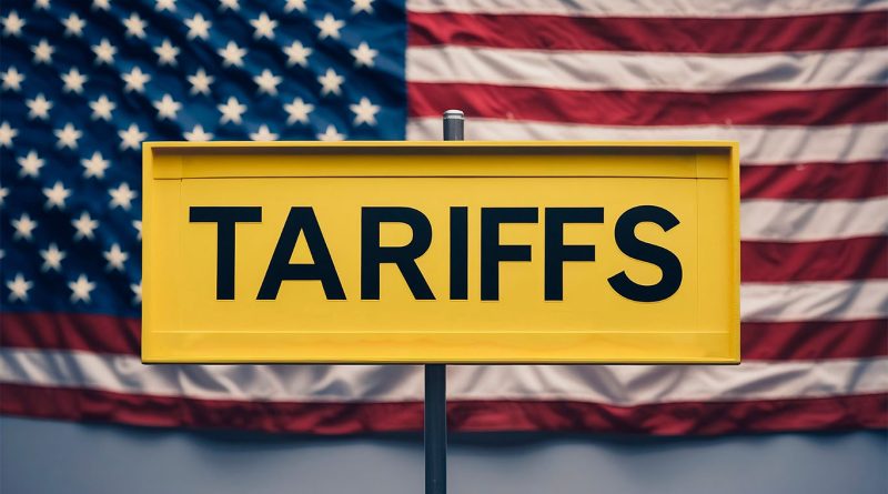 Yellow tariffs sign in front of US flag to support Trump’s tariffs article