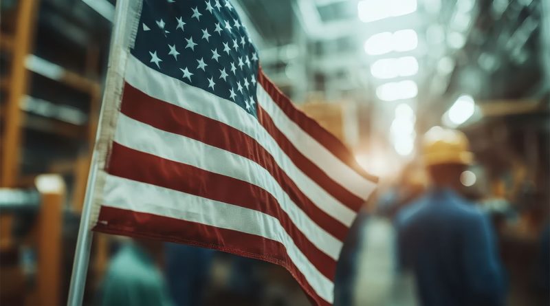 US flag in manufacturing warehouse