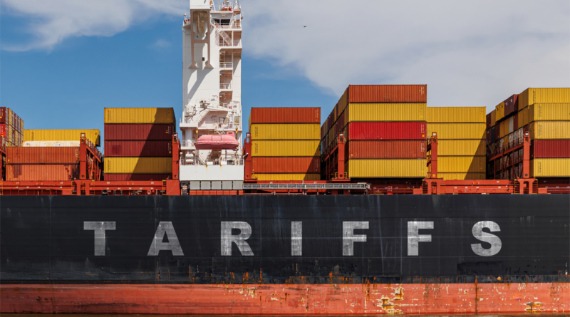 Chinese cargo containers at port with declining trade statistics overlay