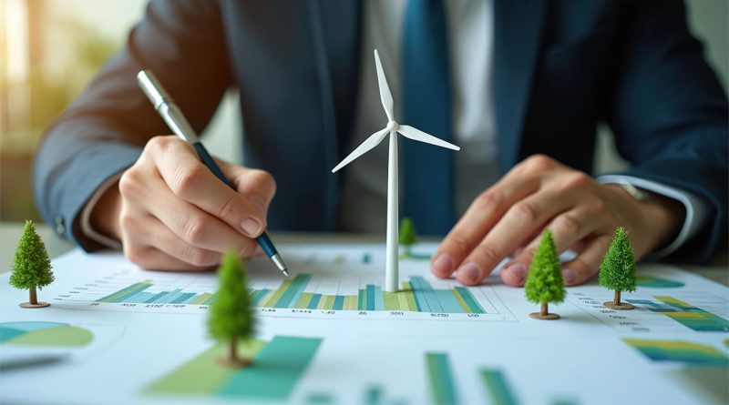 ESG data symbols like trees and wind turbines on document