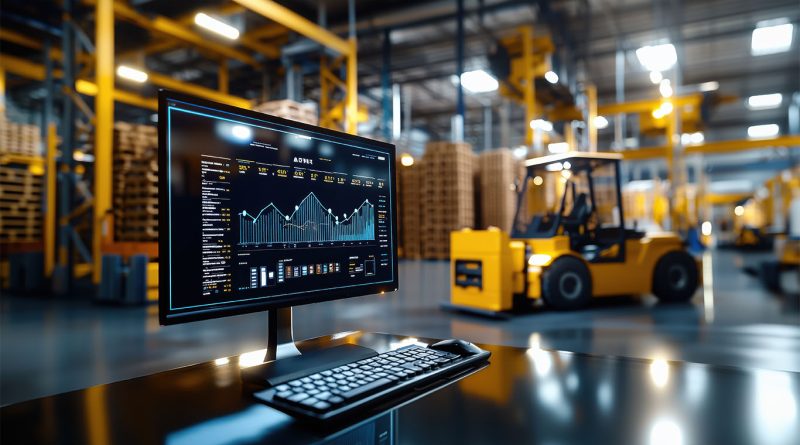 Manufacturing warehouse with equipment and data on computer