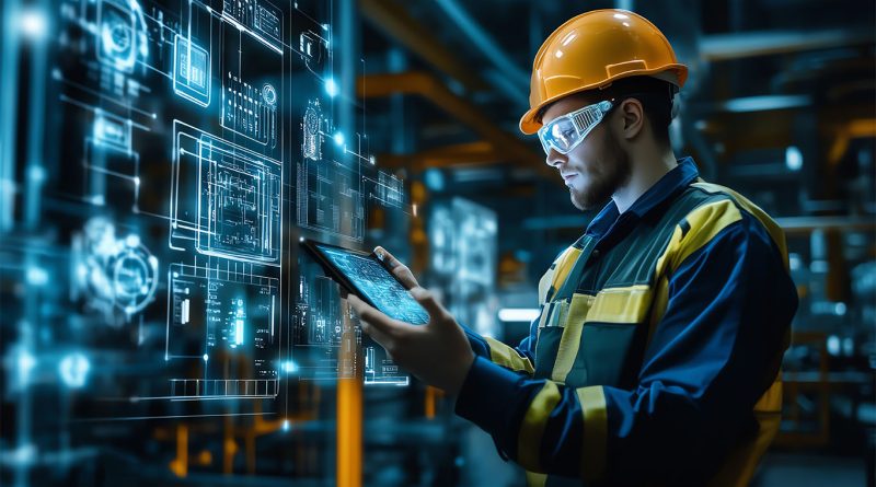 Manufacturing worker in warehouse with technology to support predictive manufacturing article