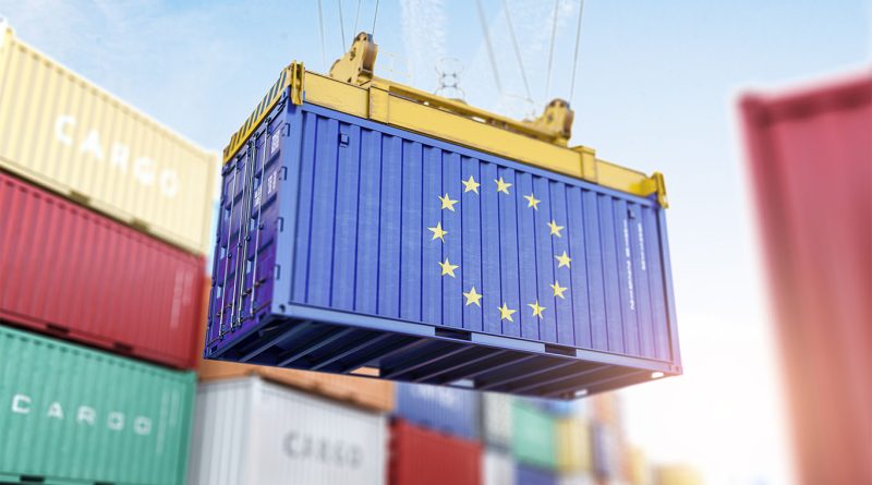 EU Flag on shipping container to support steel imports article