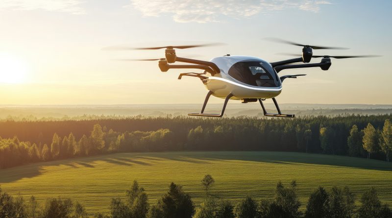 Electric Air taxi drone, eVTOL flying high over a rural region at sunset