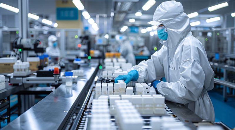 Workers on a pharmaceutical production line