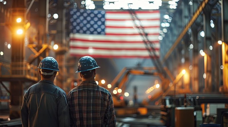 A modern American factory floor with advanced machinery and workers operating automated equipment.
