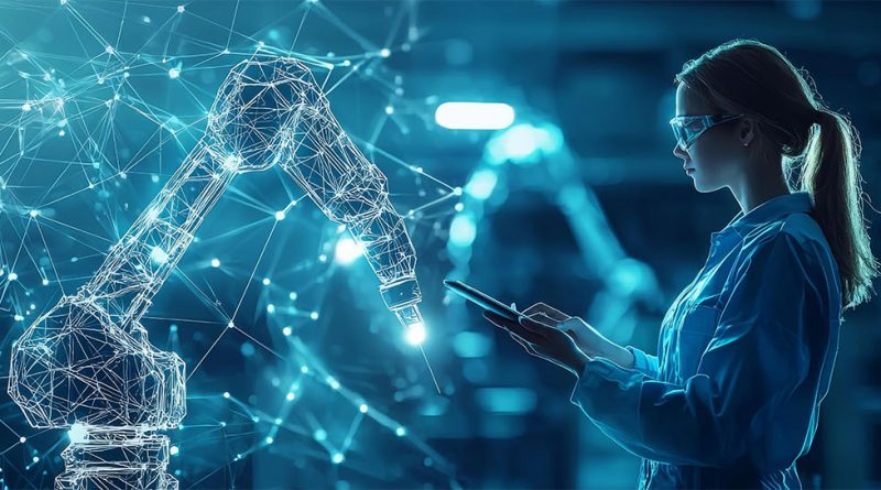 Manufacturing AI visual with digital machinery and female engineer