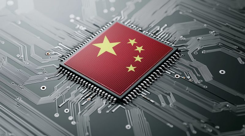 Jensen Huang speaking at a China tech forum beside a large Nvidia logo, with a digital circuit board graphic in the background representing AI chip technology.