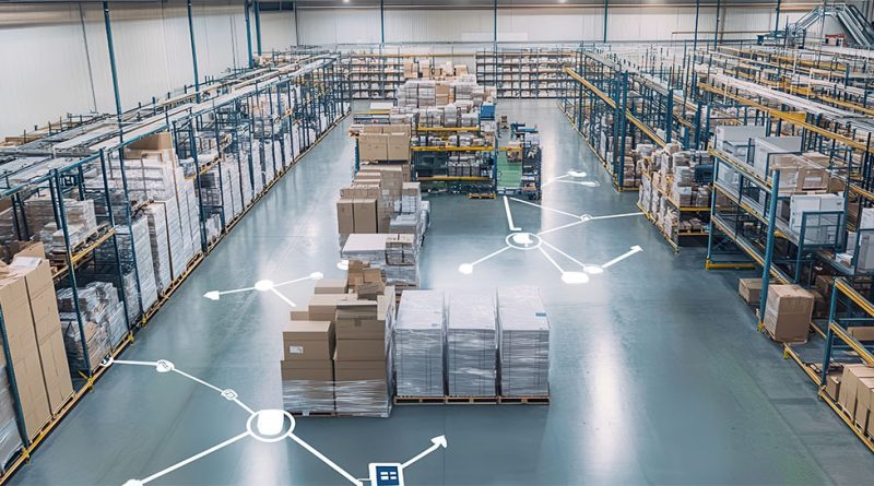 Warehouse filled with boxes, equipment and labelled place settings to support Warehouse design services article