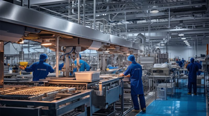 Workers operating machinery along a modern automated production line in a food manufacturing facility.