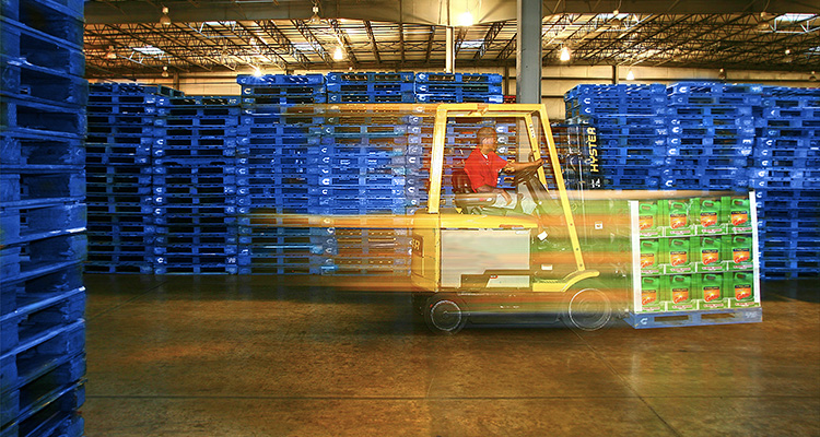 a forklift operating in a warehouse filled with stacks of blue pallets