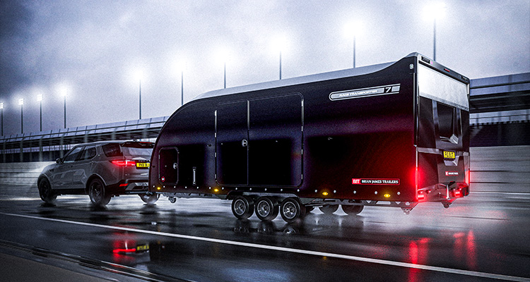 a Brian James Race Transporter 7, an enclosed car trailer designed for transporting vehicles.