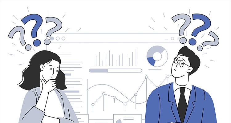 a man and a woman, appearing thoughtful or perplexed, indicated by question marks above their head