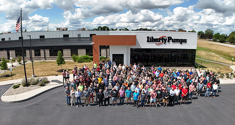 employee-owners of Liberty Pumps gathered in front of their facility in Bergen, New York.